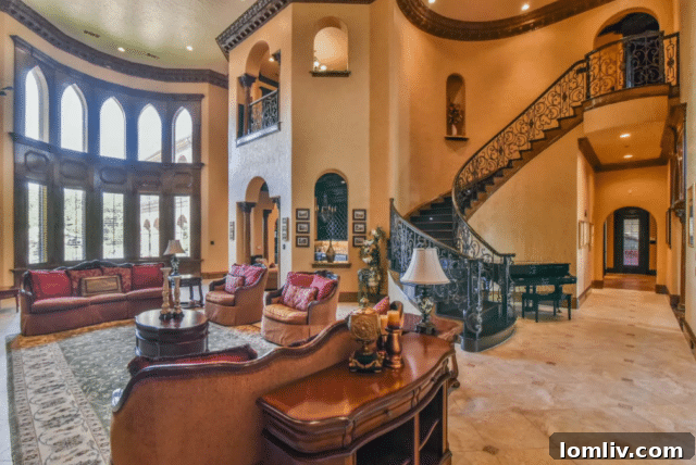 Elegant Interior with Spiral Staircase and Coffered Ceilings