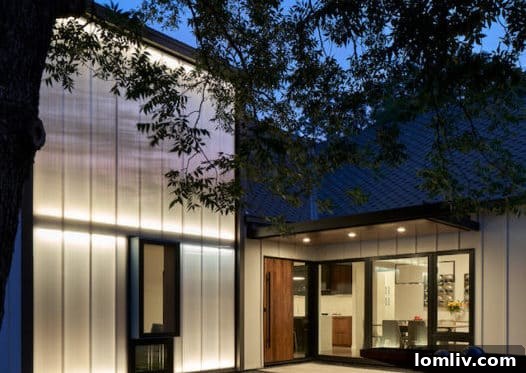 Modern architectural home exterior with unique lighting