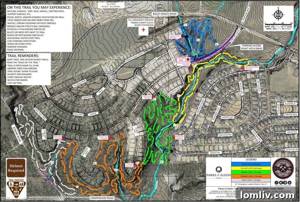 Map of the world-famous mountain bike trails in Parks of Aledo, offering direct access from 612 Rockledge Court.