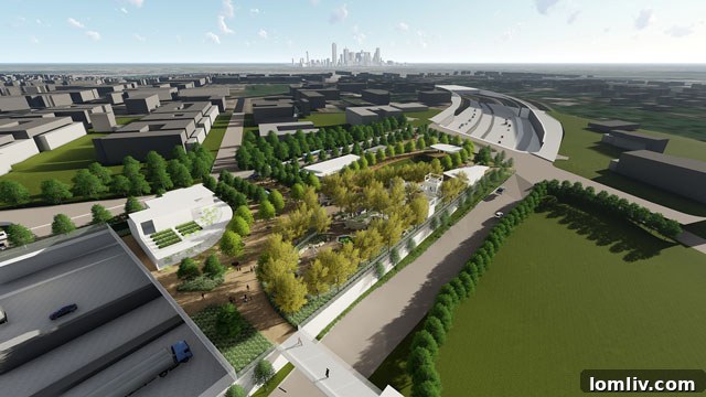 Rendered image of the Southern Gateway Deck Park, showcasing green space over I-35, connecting North Oak Cliff to the Dallas Zoo