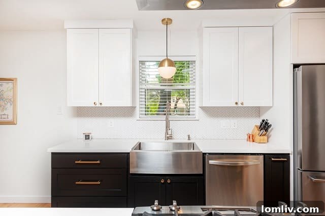 Modern Kitchen with White Quartz and Black Cabinets