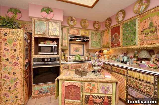 A close-up of kitchen cabinetry and counter space, featuring more ornate 80s decor and patterns.