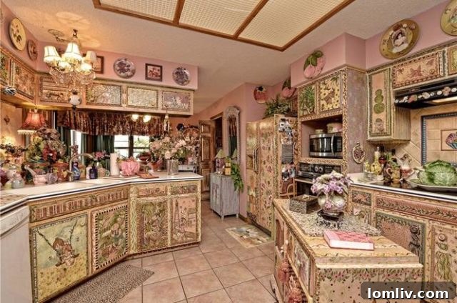 The unique custom kitchen, a focal point of the 80s interior design, showcasing artistic and colorful elements.