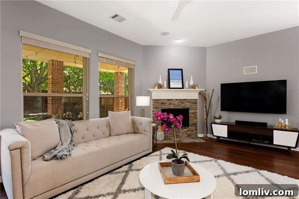 Stylish home office with built-in shelving and ample workspace