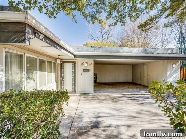 Front view of the Midcentury Modern house with unique architectural details