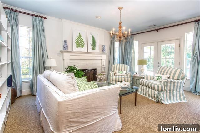 Luxurious living room in 2721 Manorwood Trail with ice blue silk curtains and elegant furnishings