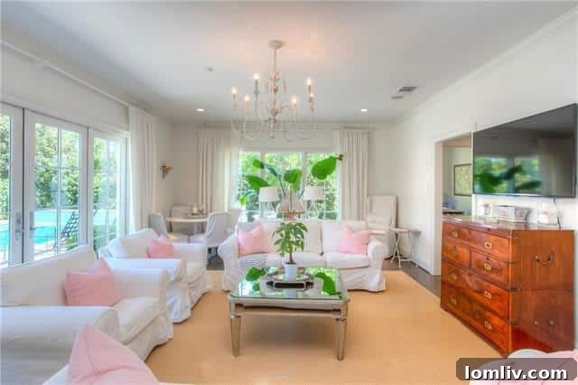Stylish family room with white slipcovered furniture and butterscotch wood accents at 2721 Manorwood Trail