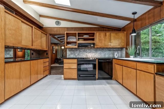Bright and airy Mid-Century Modern interior, showcasing open plan and tall ceilings