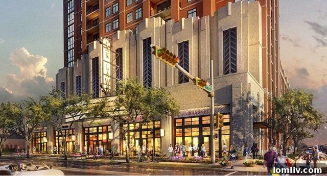 The newly redesigned facade of the StreetLights Residential development, inspired by the historic Esquire Theater, at the intersection of Oak Lawn and Lemmon Avenues in Dallas.