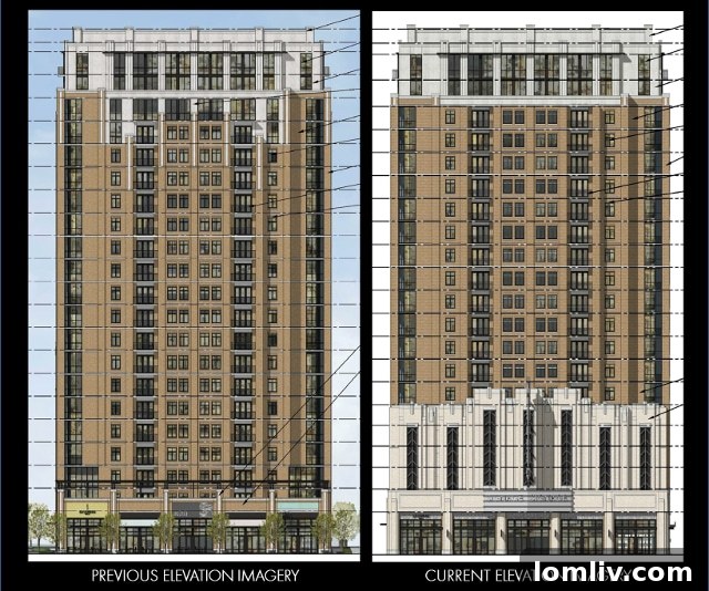 The updated seven-story facade of the StreetLights Residential project on Oak Lawn Avenue, showcasing the historical inspiration and significant design improvements.