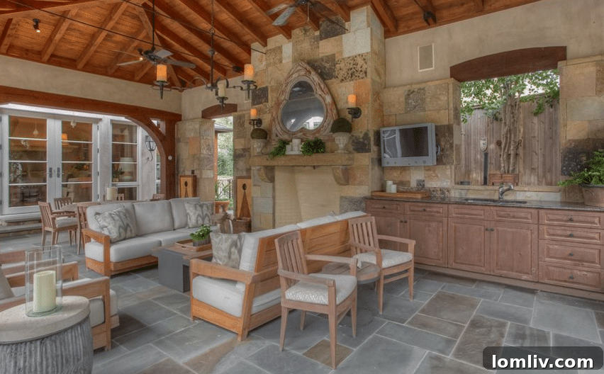 Outdoor Living Area with Fireplace under a Pool Pagoda