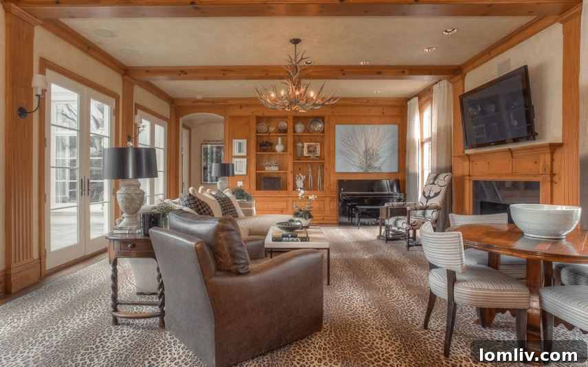 Cozy Downstairs Library with Pine Paneling and Fireplace