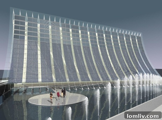U.S. Department of Energy HQ Sun Wall design featuring 32,000 square feet of solar panels and water heating - An unbuilt project concept.