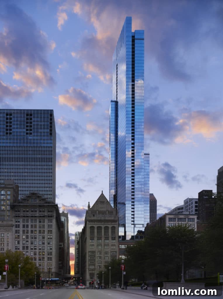 Close-up of The Legacy at Millennium Park's lower facade, blending with historic street-level buildings.