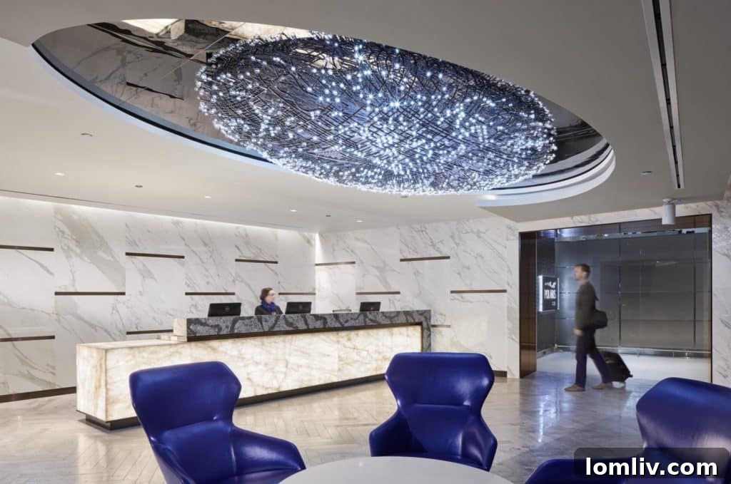 United Airlines Polaris Lounge - a modern and luxurious airport lounge interior.