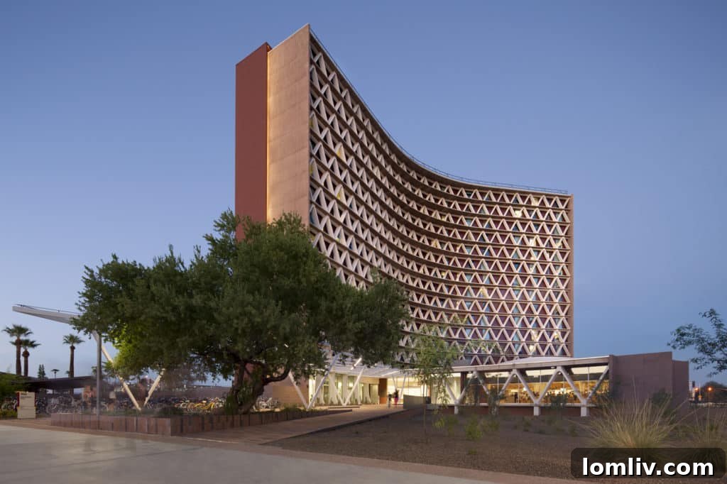 Manzanita Hall at Arizona State University after renovation - a modern student dormitory exterior.