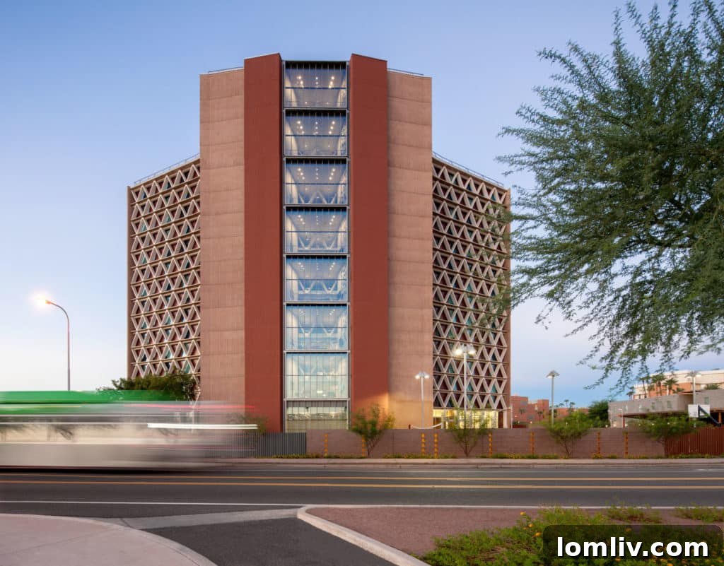 Manzanita Hall - close-up view of the renovated exterior with glass set behind zigzag bracing.