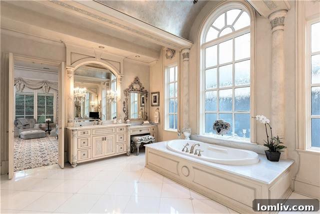 Opulent French Stone Manor Heads to No-Reserve Auction 12 Opulent Master Bathroom - Marble Slab and French Country Vanities