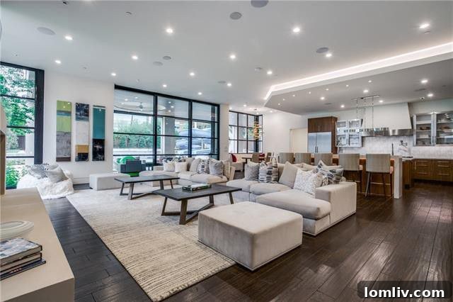 Fourth of July Luxury Unleashed: Preston Hollow's Transitional Party Estate 3 9807 Inwood Road - Spacious open-plan living area with floor-to-ceiling glass doors