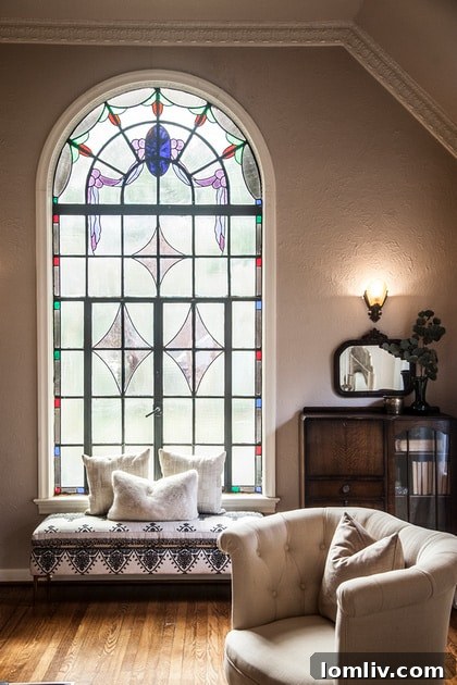 Intricate stained glass window, a signature feature of Hollywood Heights historic homes