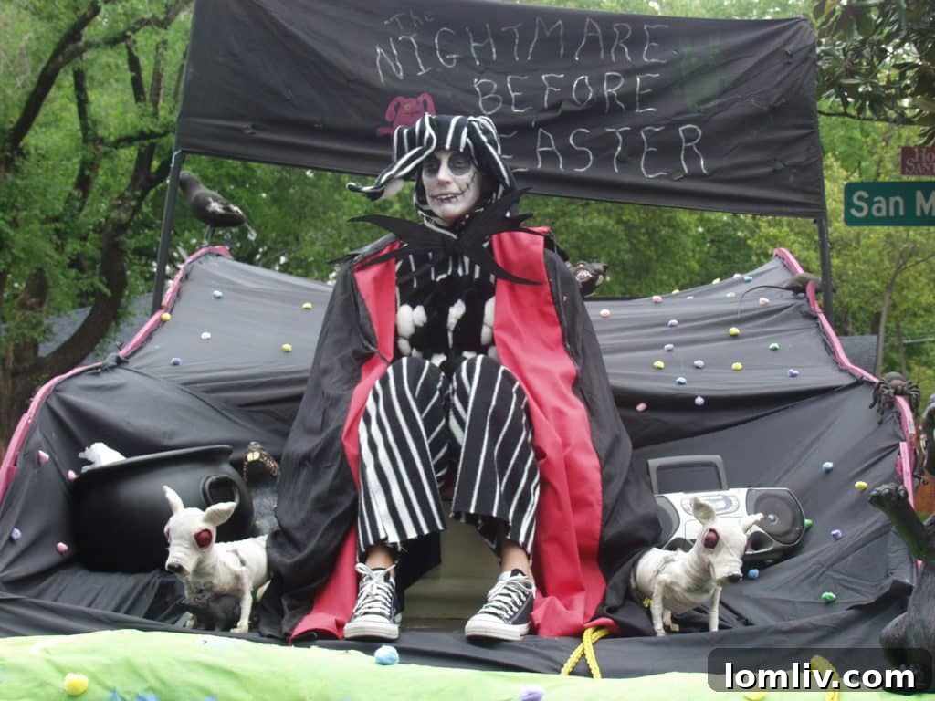 Unique and creative Easter Parade float in Hollywood Heights, reminiscent of Tim Burton's style