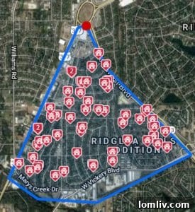 Map illustrating recent home sales in Fort Worth's Ridglea Hills West & Bomber Heights, marked in red.