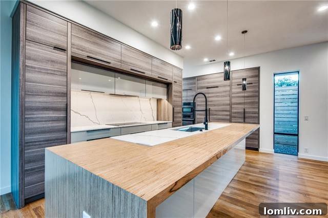 Modern kitchen with quartz counters, large island, and Bosch appliances