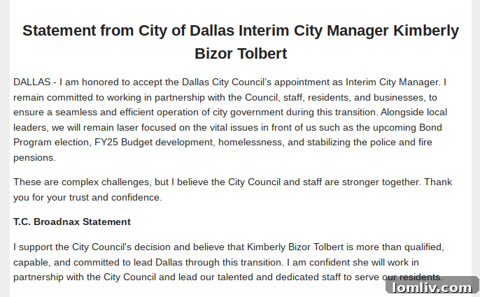 Kimberly Bizor Tolbert Takes Interim Reins in Dallas 4 Kimberly Bizor Tolbert's statement on her interim appointment