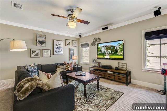 Upstairs informal second living area, offering a versatile space ideal for media, play, or an additional lounge in this luxury Fort Worth home