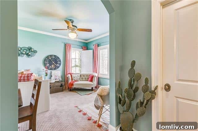 Comfortable and well-lit upstairs bedroom featuring a private en-suite bathroom, providing comfort and privacy for guests or family