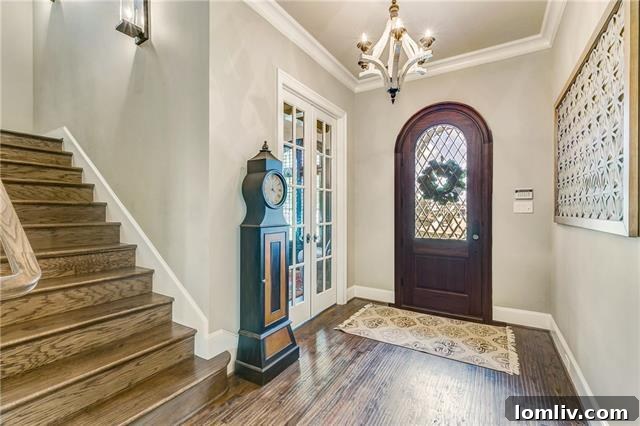 Elegant entryway with custom scraped hardwood floors and fine millwork, setting a sophisticated tone for the home's interior