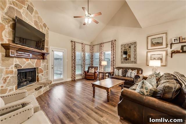 Bright and spacious living room with vaulted ceilings and stone fireplace