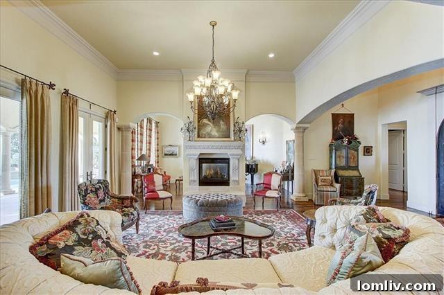 Spacious Living Area with High Ceilings and Fireplace