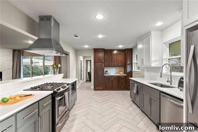 Modern Caruth Terrace Ranch Home Welcomes a Party of Four 4 Gourmet Kitchen with Herringbone Tile Floor