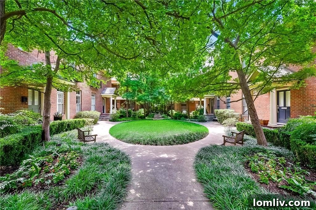 Lush, Tree-Lined Pathway in a Serene Townhouse Complex