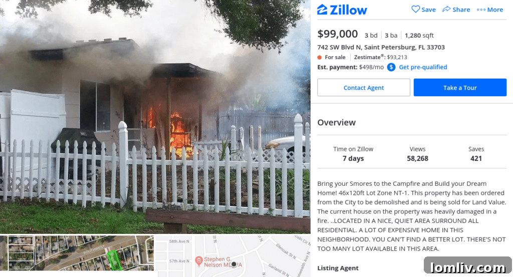 Close-up of a house on fire, used in a real estate listing