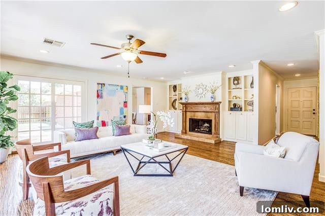 Elegant formal dining room with gas fireplace and custom built-ins