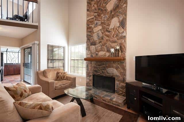 Spacious living room with stone fireplace and vaulted ceilings
