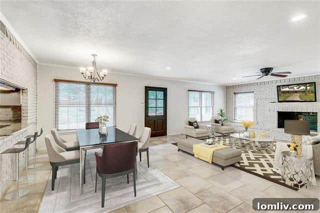 Spacious open-concept living area at 5909 Monterrey Lane, featuring a large fireplace and ample natural light