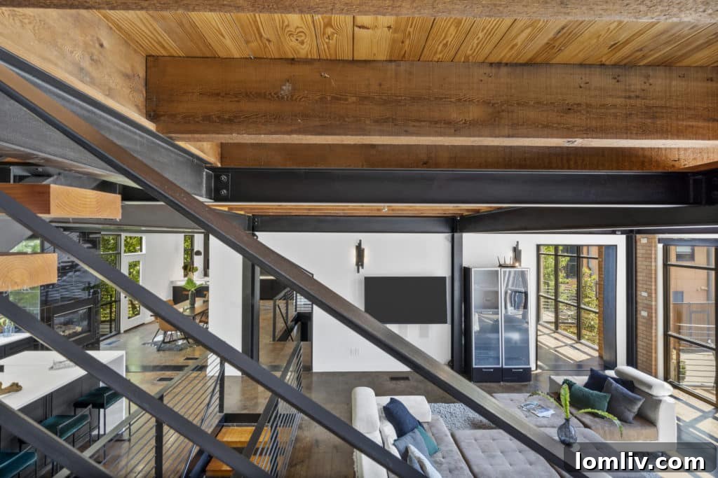 Open Concept Living Space with Exposed Beams and High Ceilings