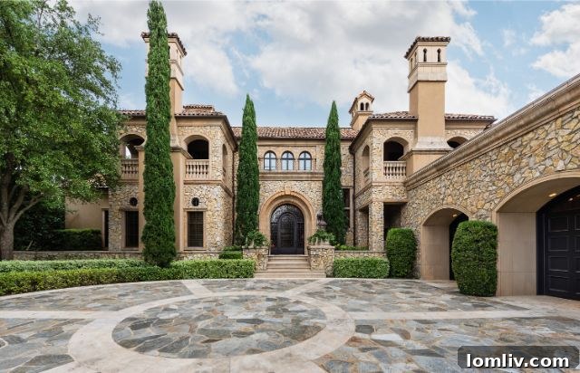 Luxurious Mediterranean facade with manicured gardens and fountain