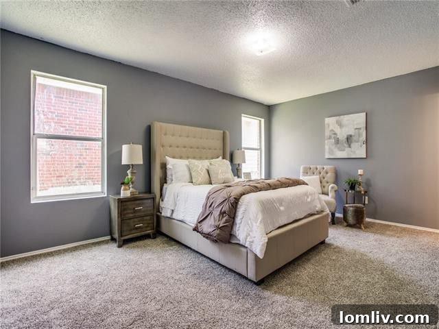 Cozy bedroom with new carpet in an affordable Dallas house