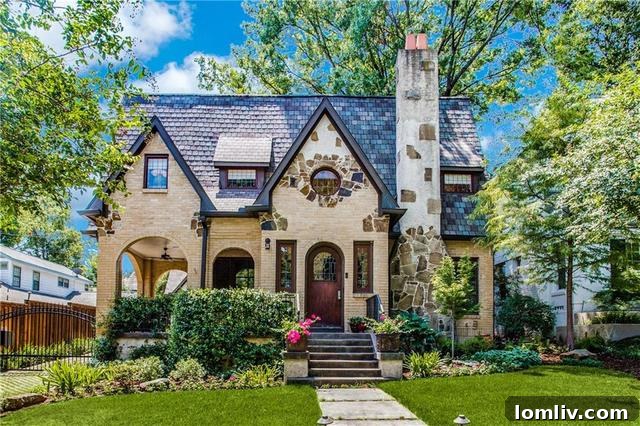 Bright exterior view of 6918 Pasadena, a charming Dallas Tudor-style home