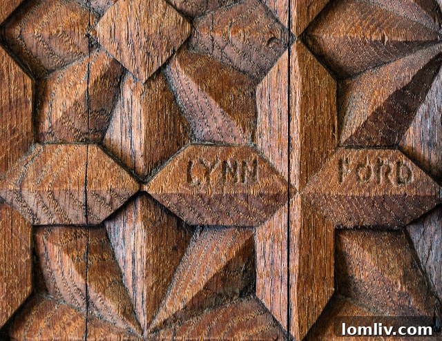 Close-up of intricate custom woodwork, a hallmark of O'Neil Ford's collaboration with his brother Lynn Ford