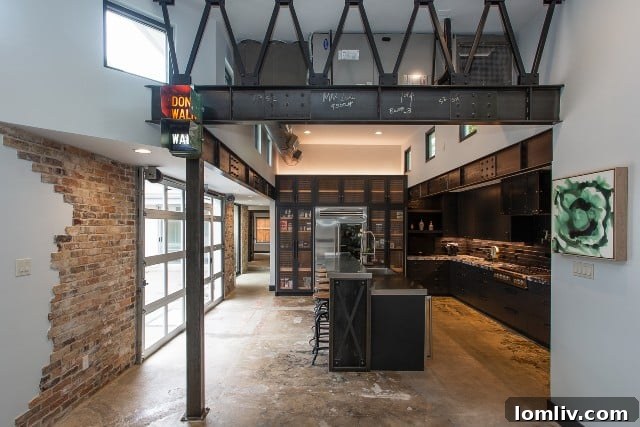 The unique opening between the living room and kitchen, featuring steel beams and an eclectic 'Walk/Don’t Walk' street sign.