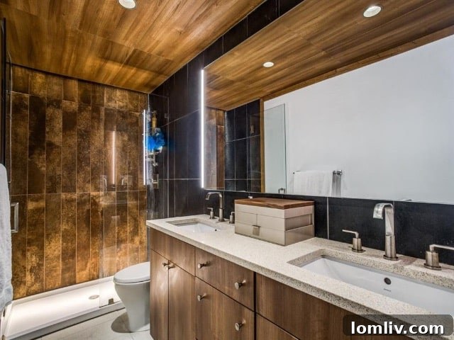 Luxurious Master Bathroom with Custom Wood Ceiling and LED Mirror
