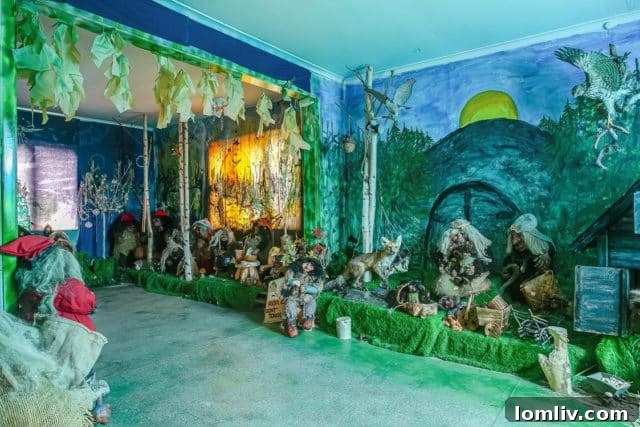 The extraordinary living room, transformed into an intricate and whimsical gnome habitat.
