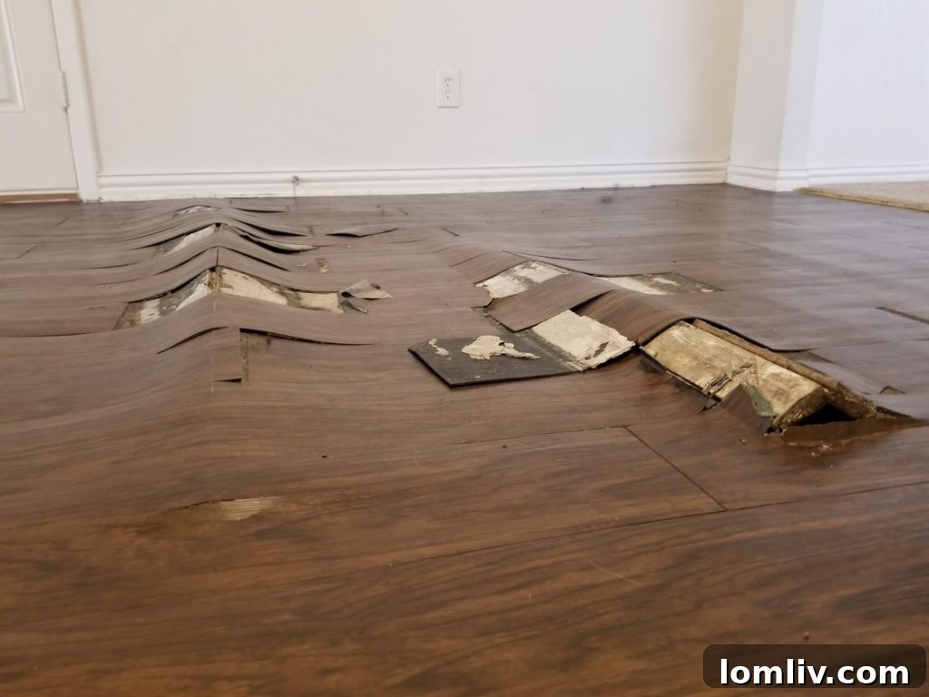 Severe floor buckling, a common sign of slab foundation problems caused by hidden leaks.