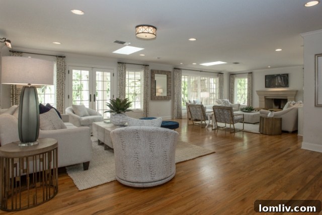 Wide-angle view of the bright and spacious interior, highlighting the open-concept design and seamless transitions between living areas