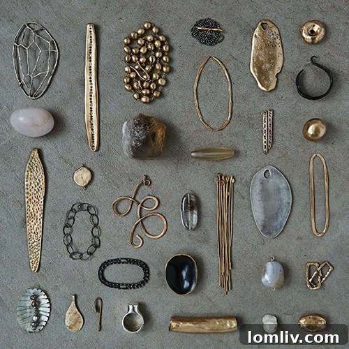 Jewelry tableau by Julie Cohn, showcasing her unique, material-driven design approach.
